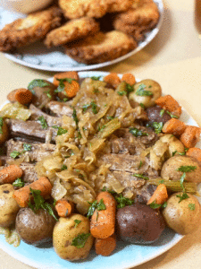 The Best Onion Soup Brisket Recipe. This is a one pot recipe, has potato side built in, and make ahead easy. Happy cooking! www.ChopHappy.com #brisket #JewishRecipes