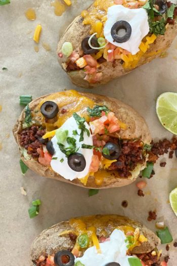 Baked Potato Tacos. Bake the potatoes in the microwave and add cheese, sour cream, chorizo, and salsa. Super easy Taco Tuesday dinner that is also a low carb taco. www.ChopHappy.com #tacoTuesday #tacos