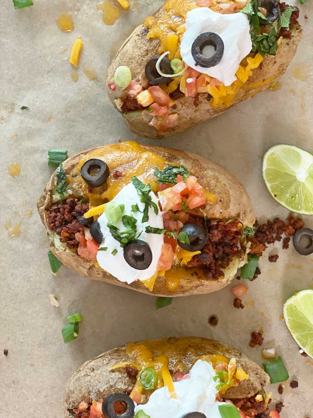 Baked Potato Tacos. Bake the potatoes in the microwave and add cheese, sour cream, chorizo, and salsa. Super easy Taco Tuesday dinner that is also a low carb taco. www.ChopHappy.com #tacoTuesday #tacos