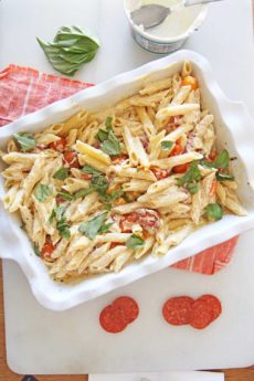 Baked Ricotta Pasta (feta TikTok challenge). Grab ricotta, tomatoes, pepperoni, basil, and pasta. Happy pasta cooking! www.ChopHappy.com #TikTok #pastarecipe