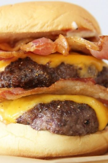 Wendy's Baconator Burger Copycat Recipe. This is super easy and faster then takeout! Burger, cheese, lots of bacon, ketchup, and mayo is all you need. Happy Cooking! www.ChopHappy.com #Wendy's #burgerrecipe