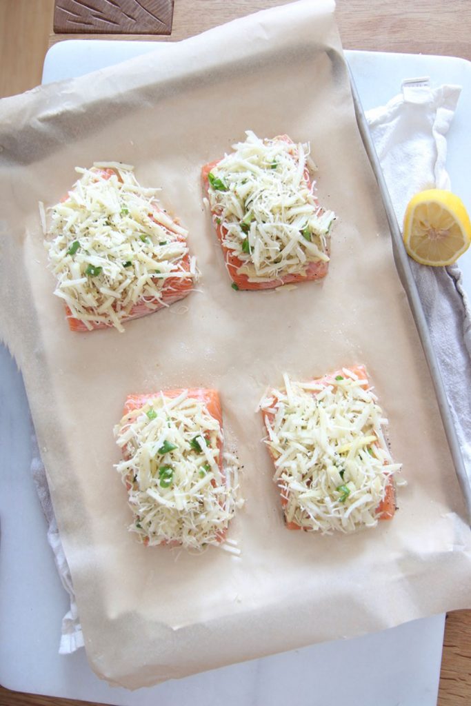 Latke Crusted Salmon on a sheet pan. This is a perfect Jewish Holiday Recipe. Make this as a Rosh Hashanah recipe, Hanukkah recipe, Yom Kippur recipe, or Shabbat recipe. Happy Holidays. www.ChopHappy.com #jewishrecipes #jewishholidayrecipes