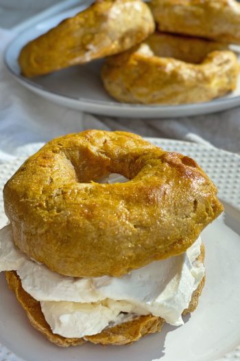 3 Ingredient Pumpkin Bagel Recipe. This I s an easy Fall recipe that uses pumpkin spice in your pantry. This is also a non-baker easy baking recipe. Happy Baking! www.ChopHappy.com #PumpkinBagels #Pumpkinrecipes