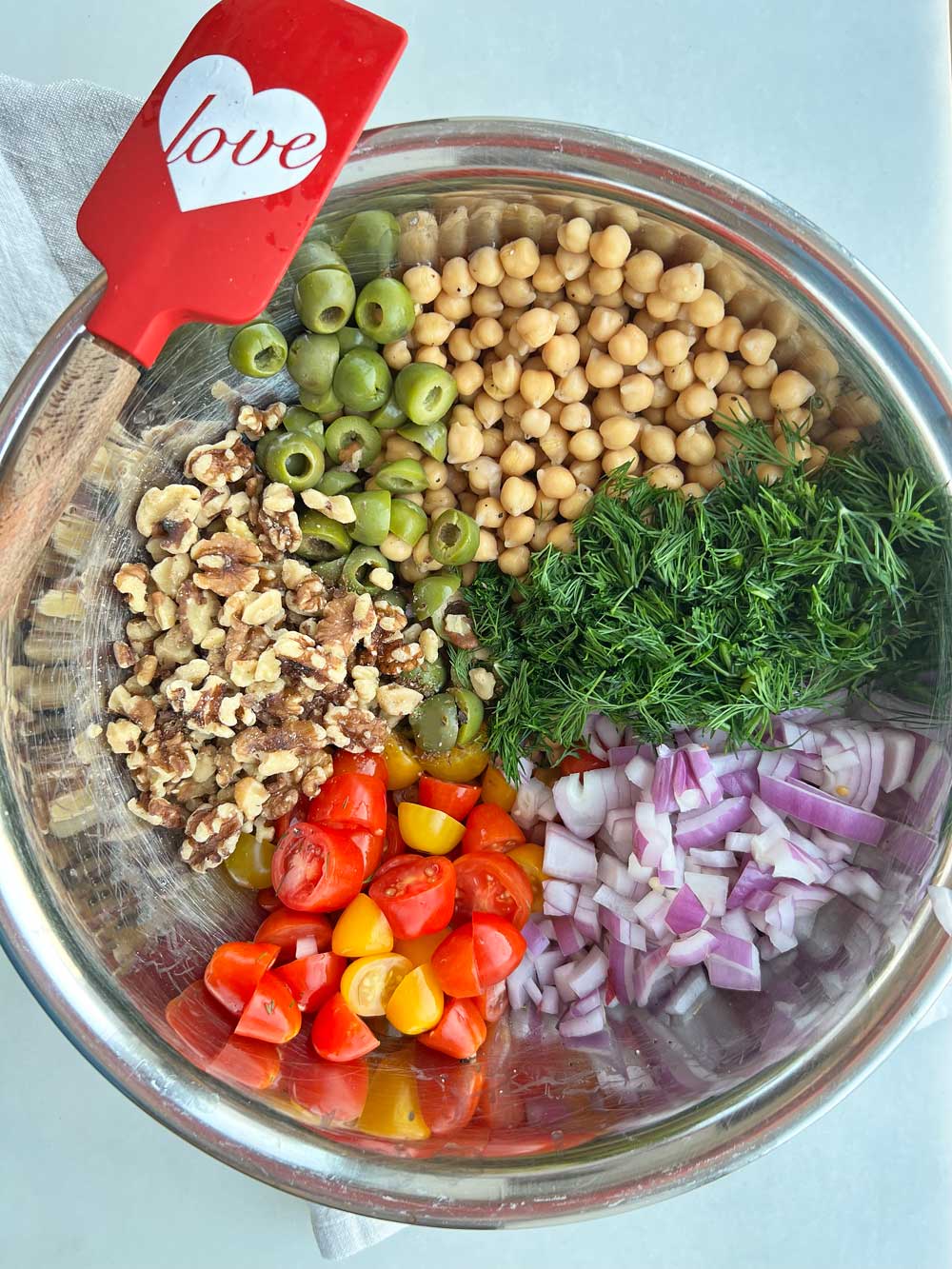 Chickpea Salad with Dijon Dressing. This is an easy meal prep that is easy and perfect dinner recipe, vegetarian recipe, or perfect side dish to chicken. Happy Cooking! www.ChopHappy.com #chcikpeasalad #saladrecipe