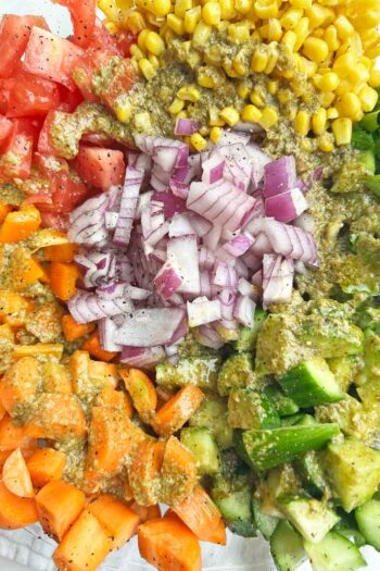 Pesto Salad Dressing Recipe and Marinade. This is an easy go to marinade and salad dressing for chicken, shrimp, or steak. Also, great on salads. Happy Cooking! www.ChopHappy.com #saladdressing #Chickenmarinade