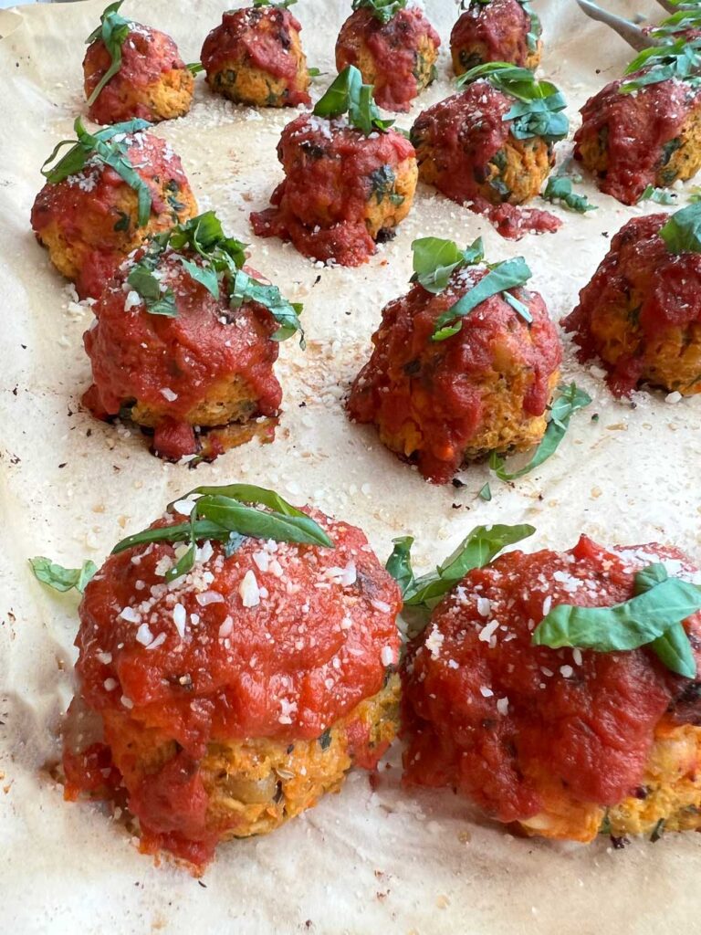 Sheet Pan Sweet Potato Meatballs. Easy recipe for busy people. This is perfect lunch meal prep, dinner for the week, or leftovers. Happy Cooking! www.ChopHappy.com #meatballs #sweetpotatorecipes